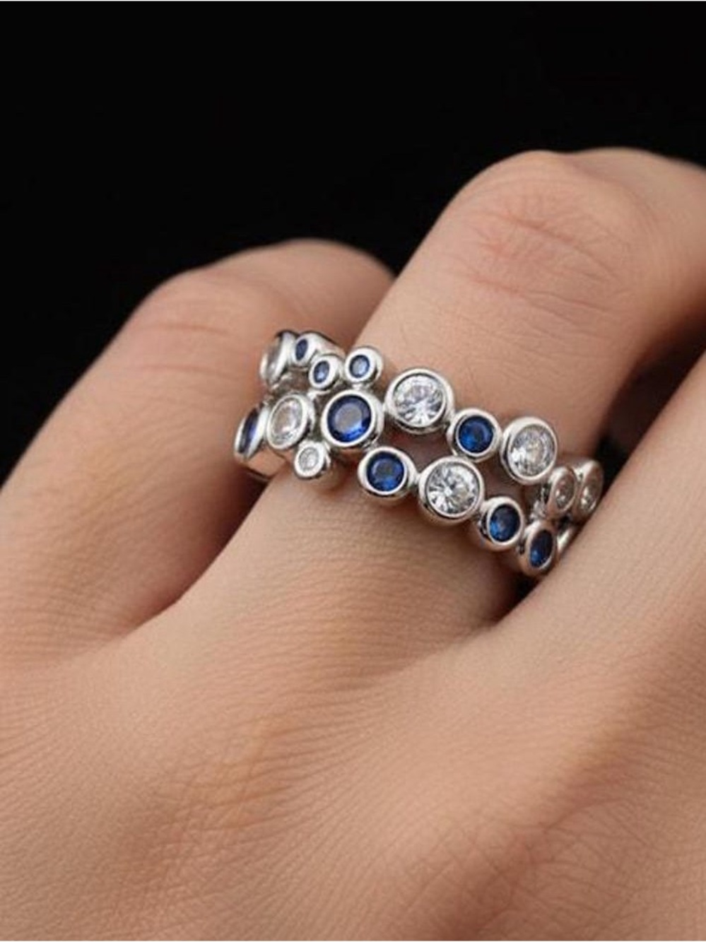Silver Blue Sapphire bubble wide round cut &CZ Ring Ring  Sz 10 brand new